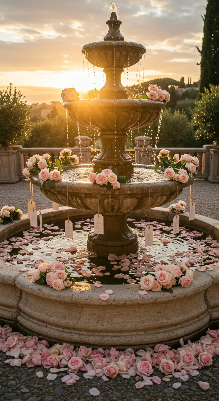 A multi-tiered water fountain decorated with floating roses and hanging escort cards.