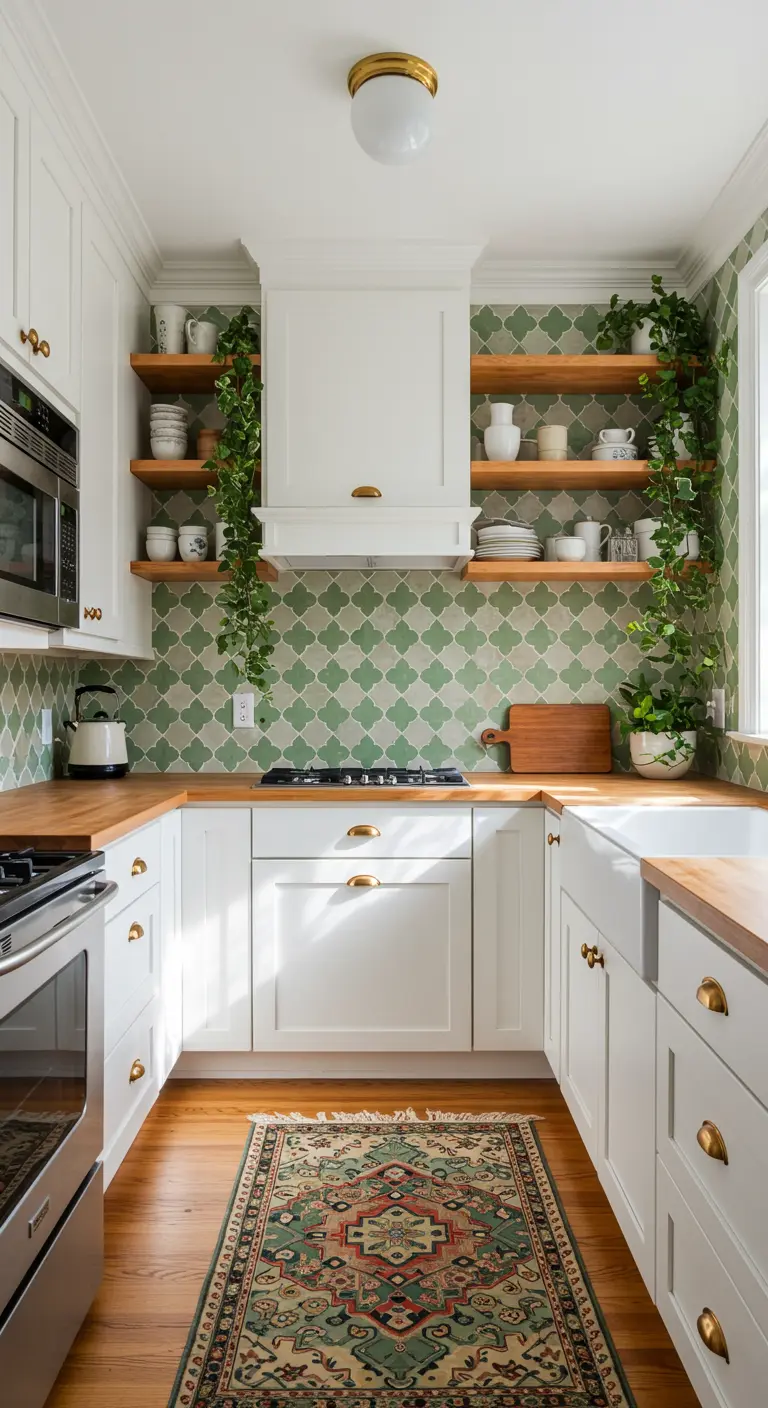 A U-shaped kitchen with white cabinets, a green tile backsplash, and open wood shelving with plants.