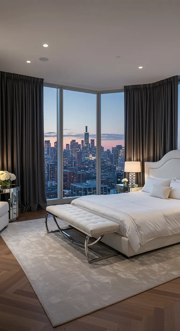 Bedroom with floor-to-ceiling windows showing a city skyline at dusk.