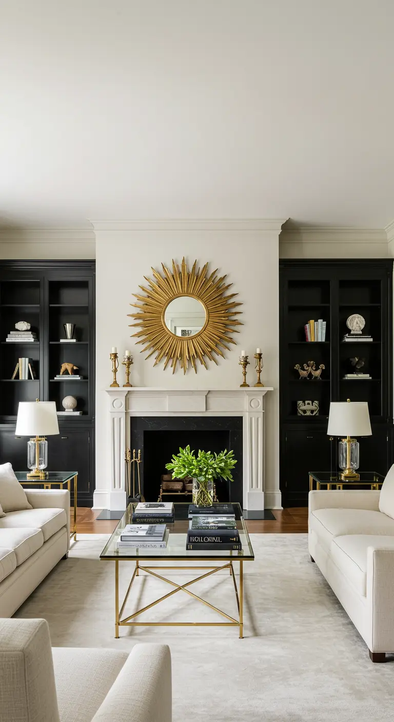 A fireplace is flanked by tall, black built-in bookshelves, with a sunburst mirror above.