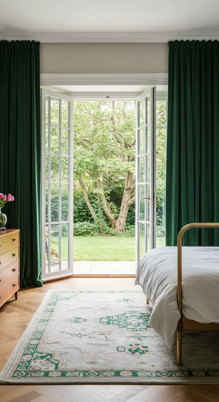 Bedroom with emerald green velvet curtains framing open french doors that lead to a lush garden.