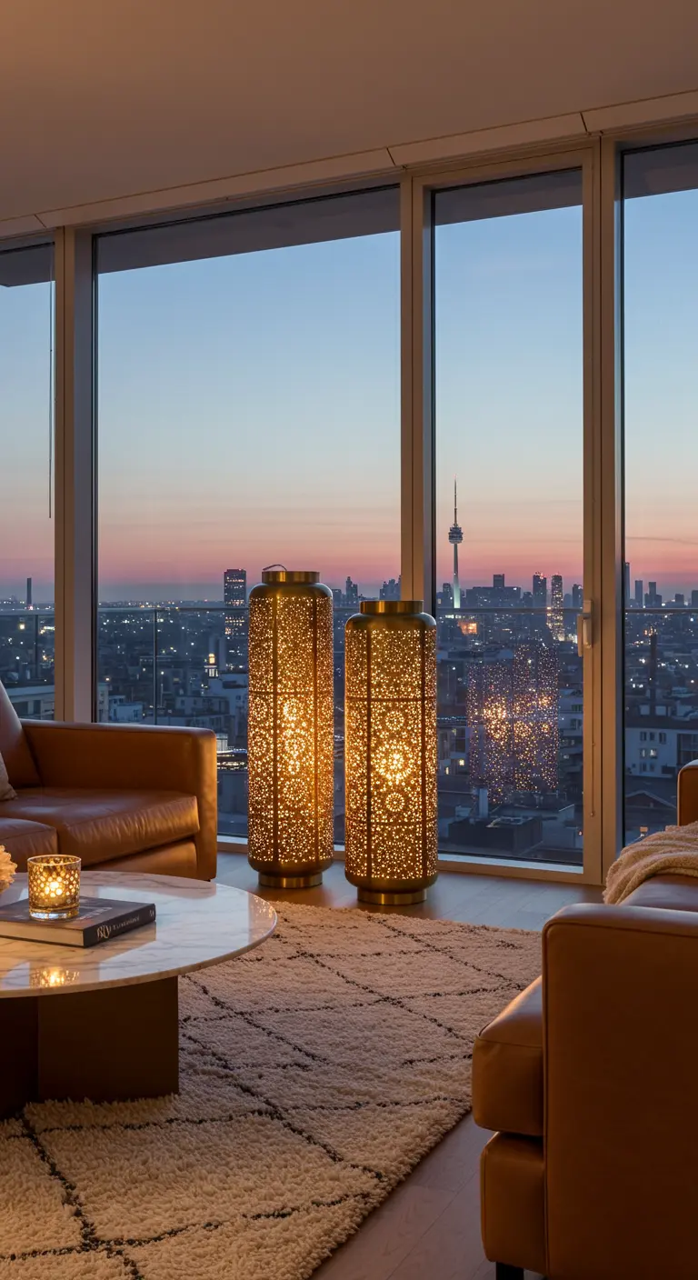 Two large, perforated brass floor lanterns standing by a floor-to-ceiling window with a city view.