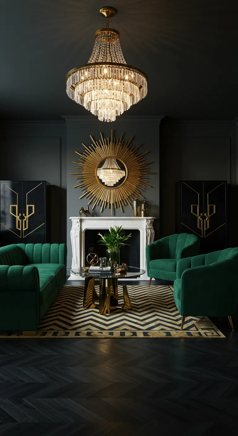 Art Deco living room with charcoal walls, emerald green sofas, and a large gold sunburst mirror.