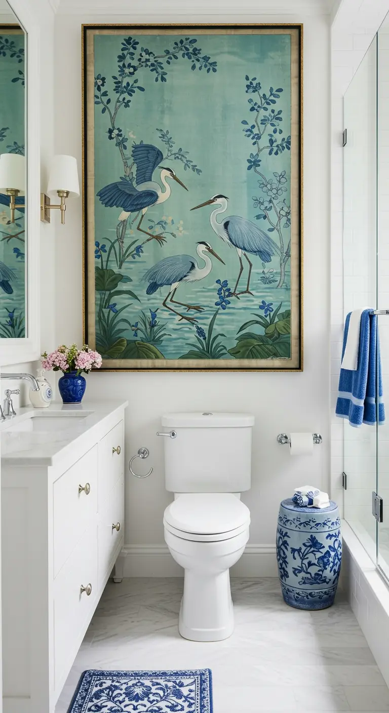 White bathroom with a large, framed Chinoiserie art panel of blue herons.