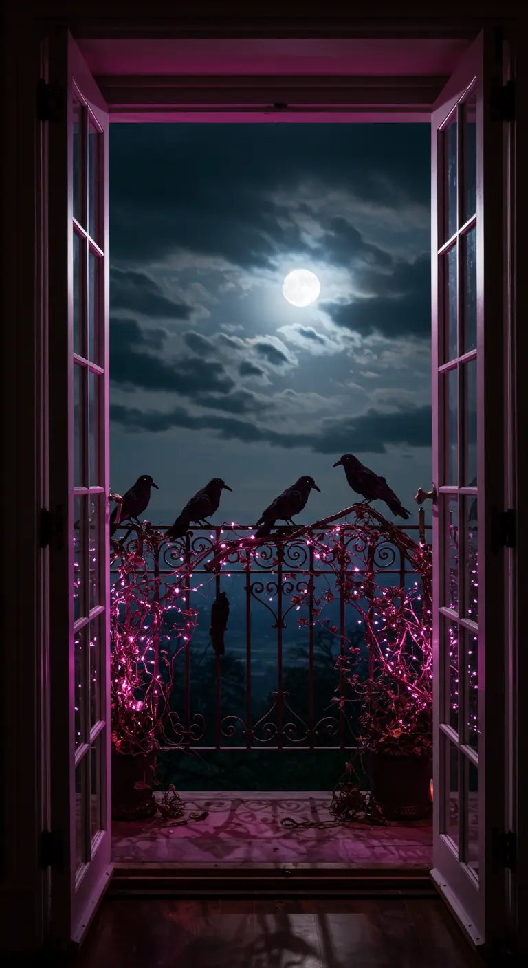 A view through open doors to a balcony with crows and pink lights, looking at a full moon.