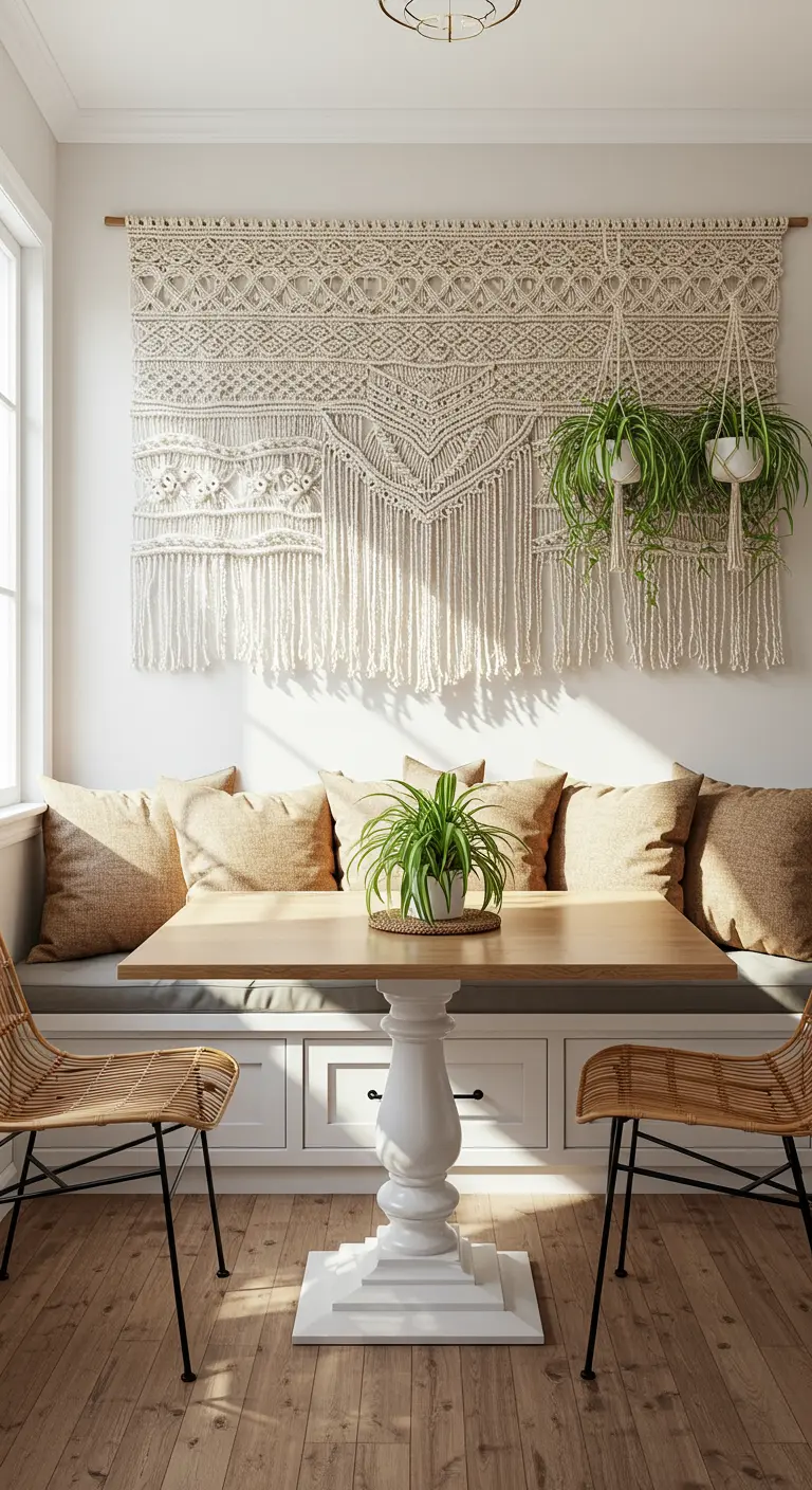 Breakfast nook with a large macrame wall hanging behind a built-in bench.