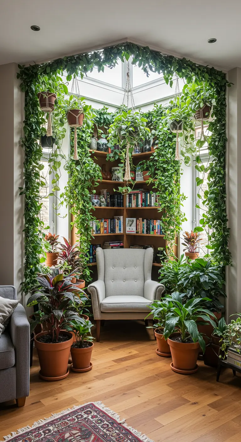 A cozy reading nook in a bay window, framed by an abundance of climbing and potted plants.