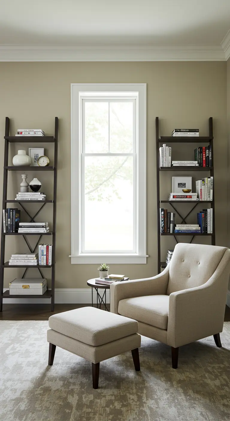 A cream armchair and ottoman flanked by two dark ladder bookshelves creating a reading nook.