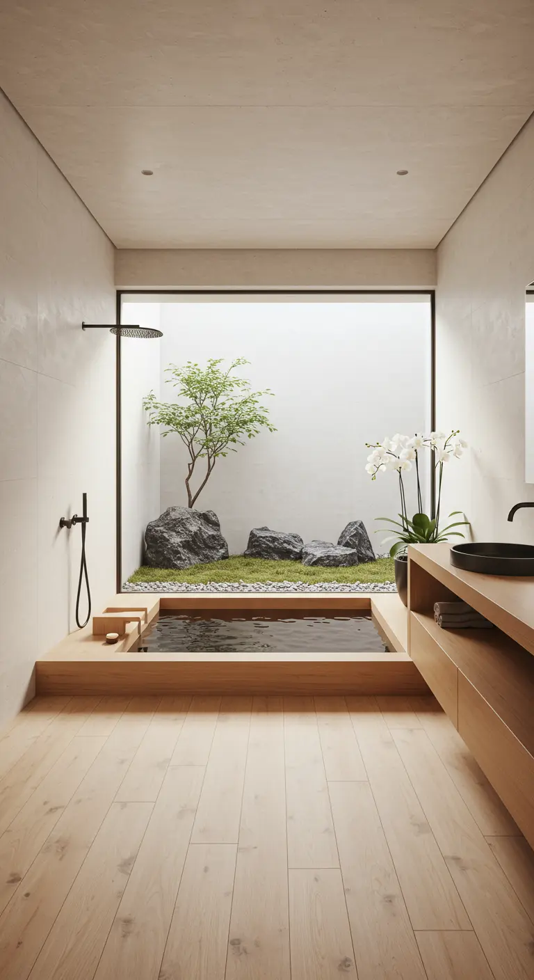 Japandi bathroom with a wooden soaking tub and an indoor Zen garden view.