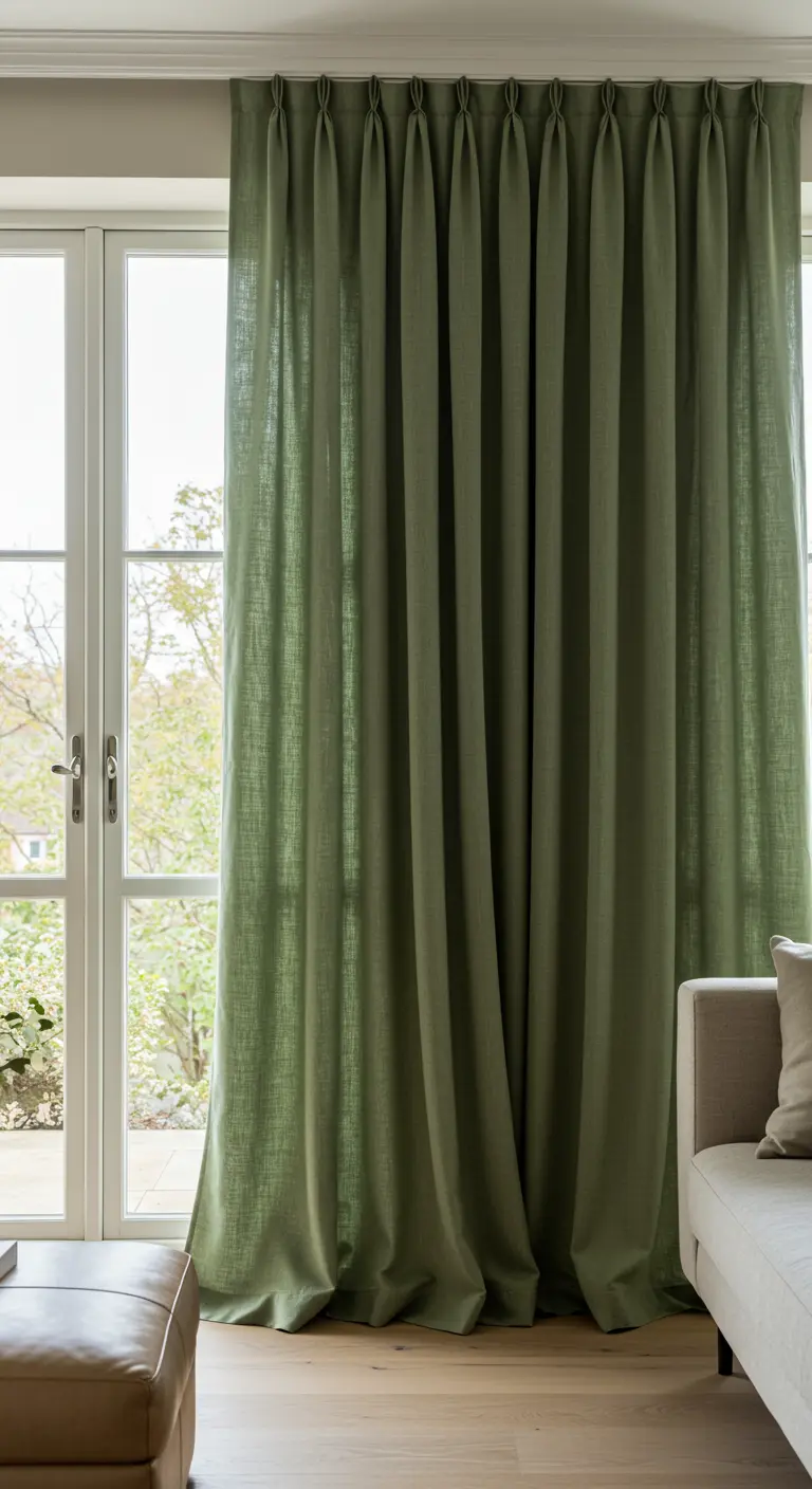 A close-up of floor-length sage green linen curtains with a pinch-pleat header.