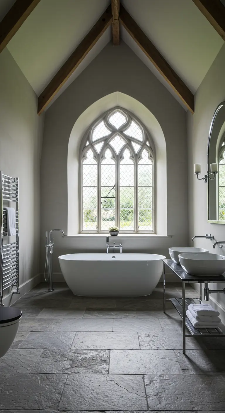 Spacious bathroom in a historic building with a large arched window above the tub.