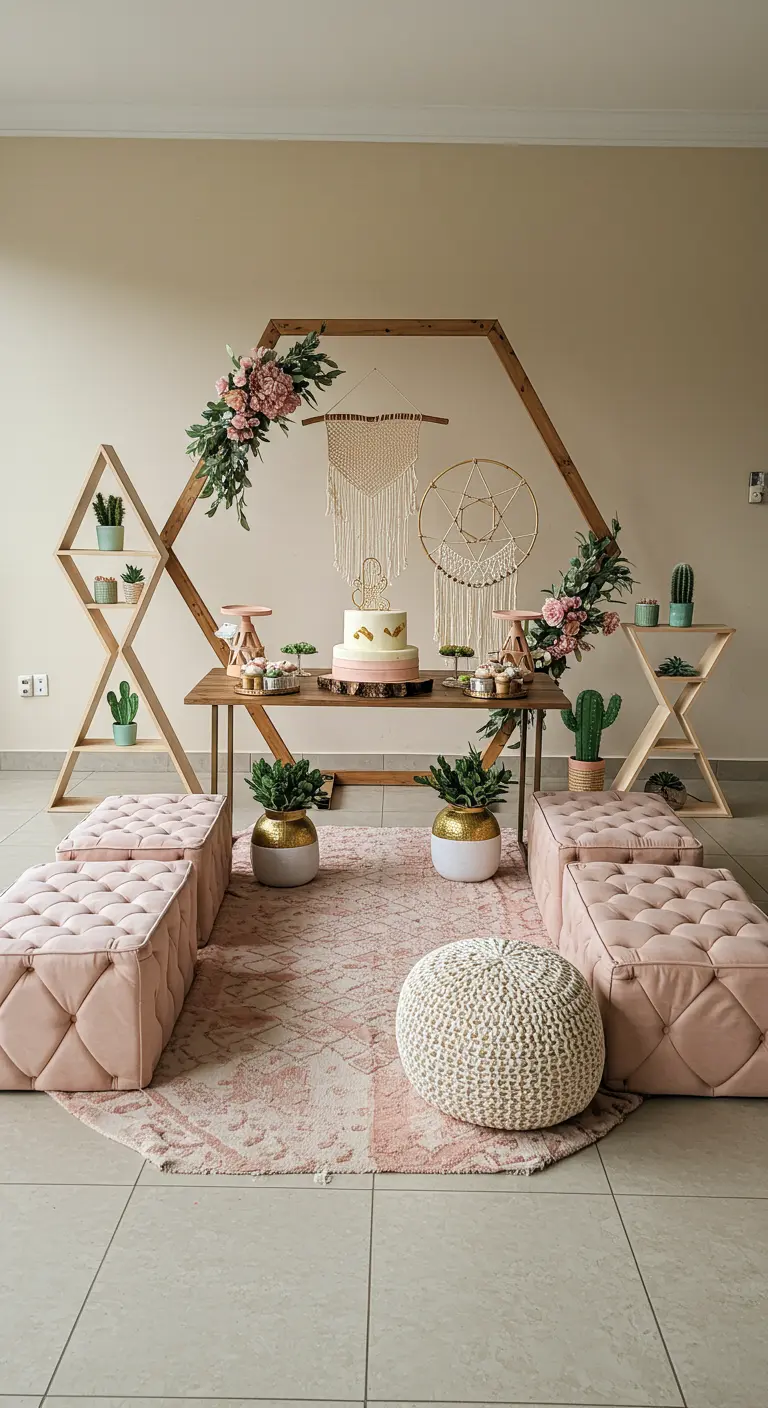 A hexagon arch frames a dessert table with a cake, macrame, and pink tufted seating.
