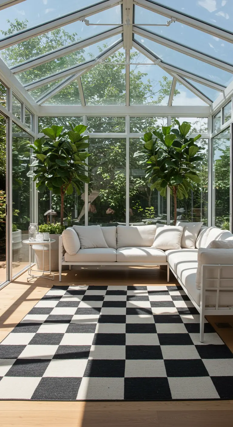 A bright, glass-walled sunroom with a white sectional, large plants, and a checkerboard rug.