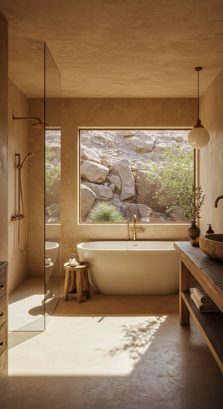 A bathroom with a freestanding tub looking out a large window onto a rocky landscape.