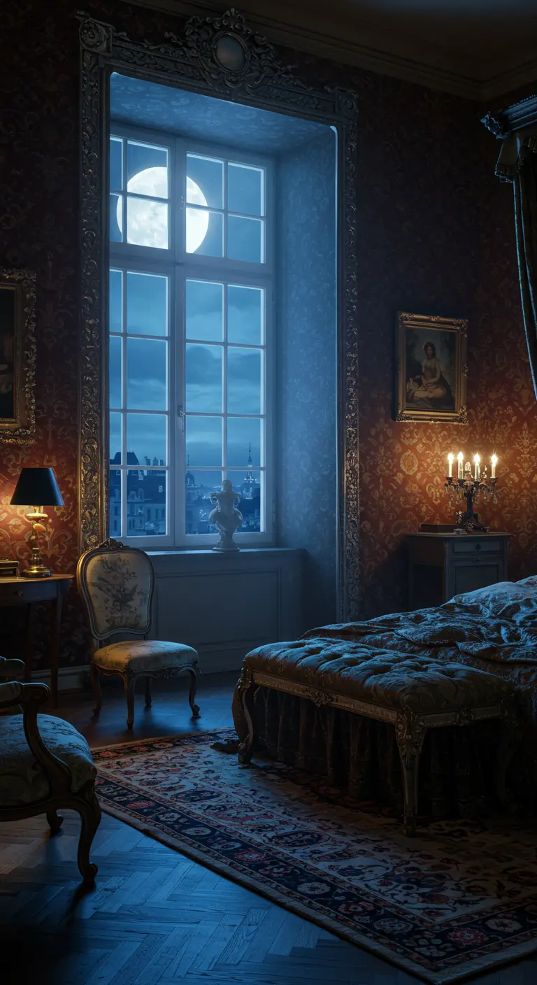 Large window with a view of the moon in a dark red damask bedroom at night.