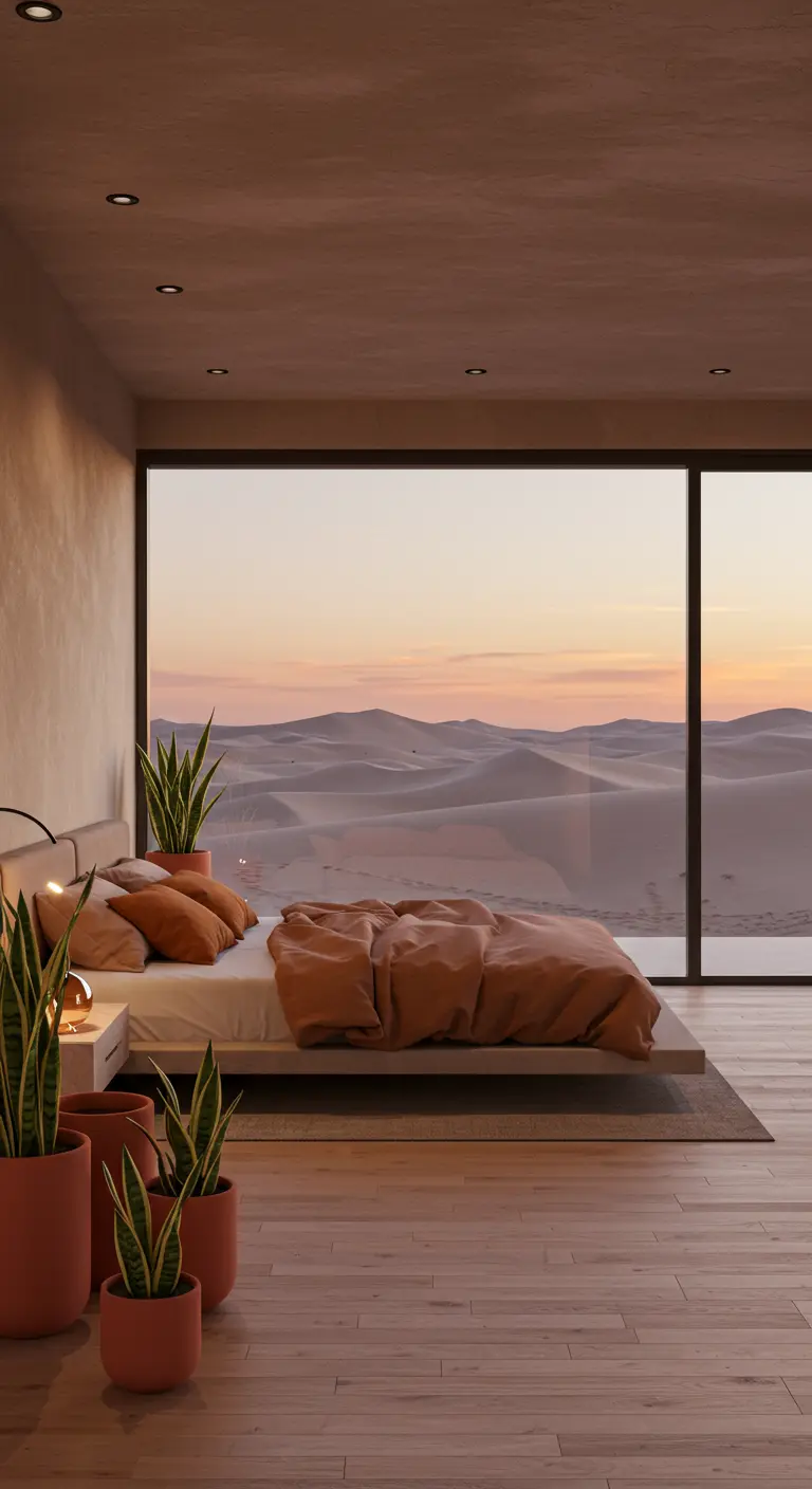 Minimalist bedroom with glass wall overlooking a desert landscape at sunset.