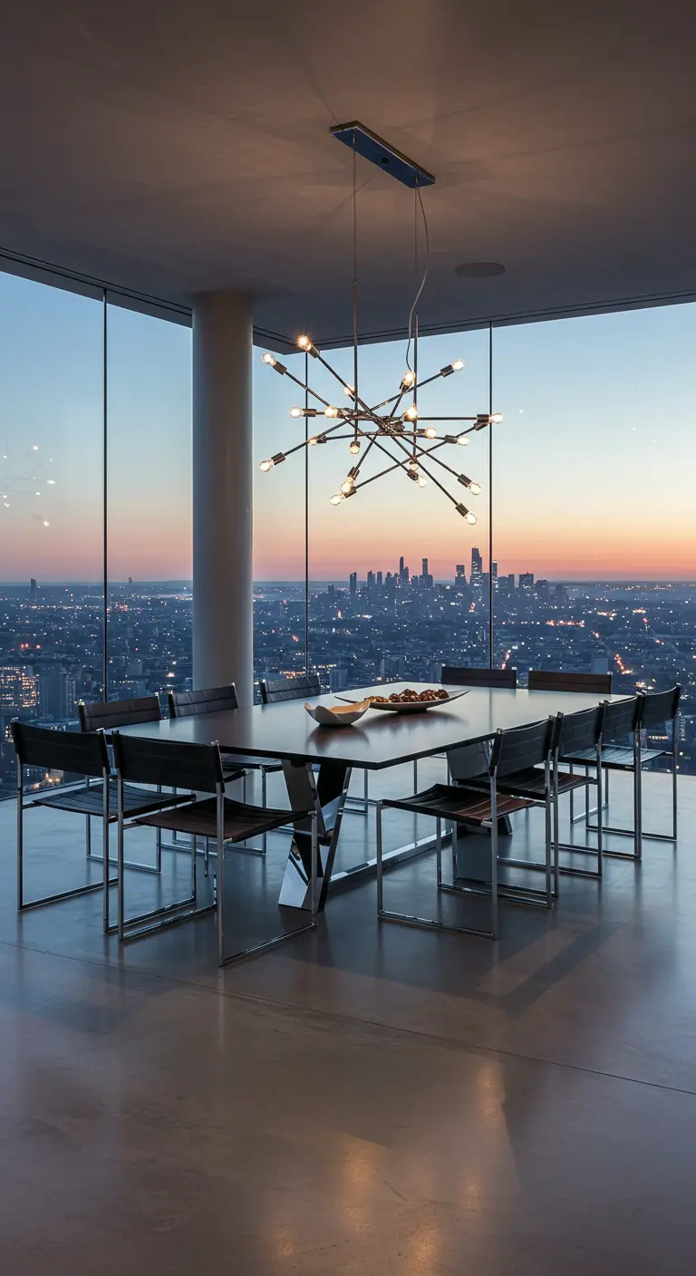 Dining room with floor-to-ceiling windows overlooking a city at sunset.