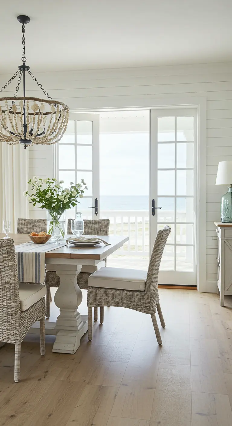 Coastal dining room with wicker chairs and a beaded chandelier looking out to the ocean.