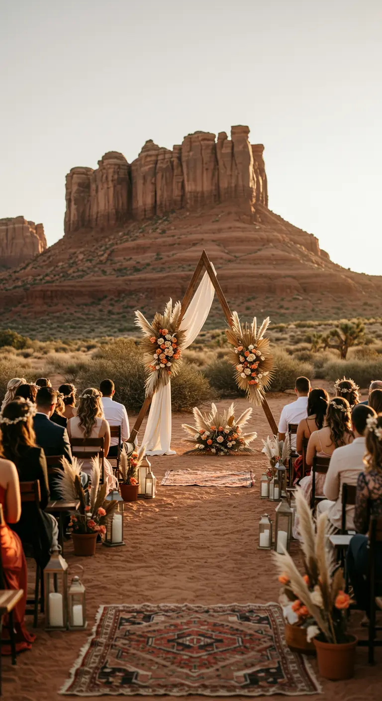 A wooden triangle wedding arch with floral decor against a desert butte.