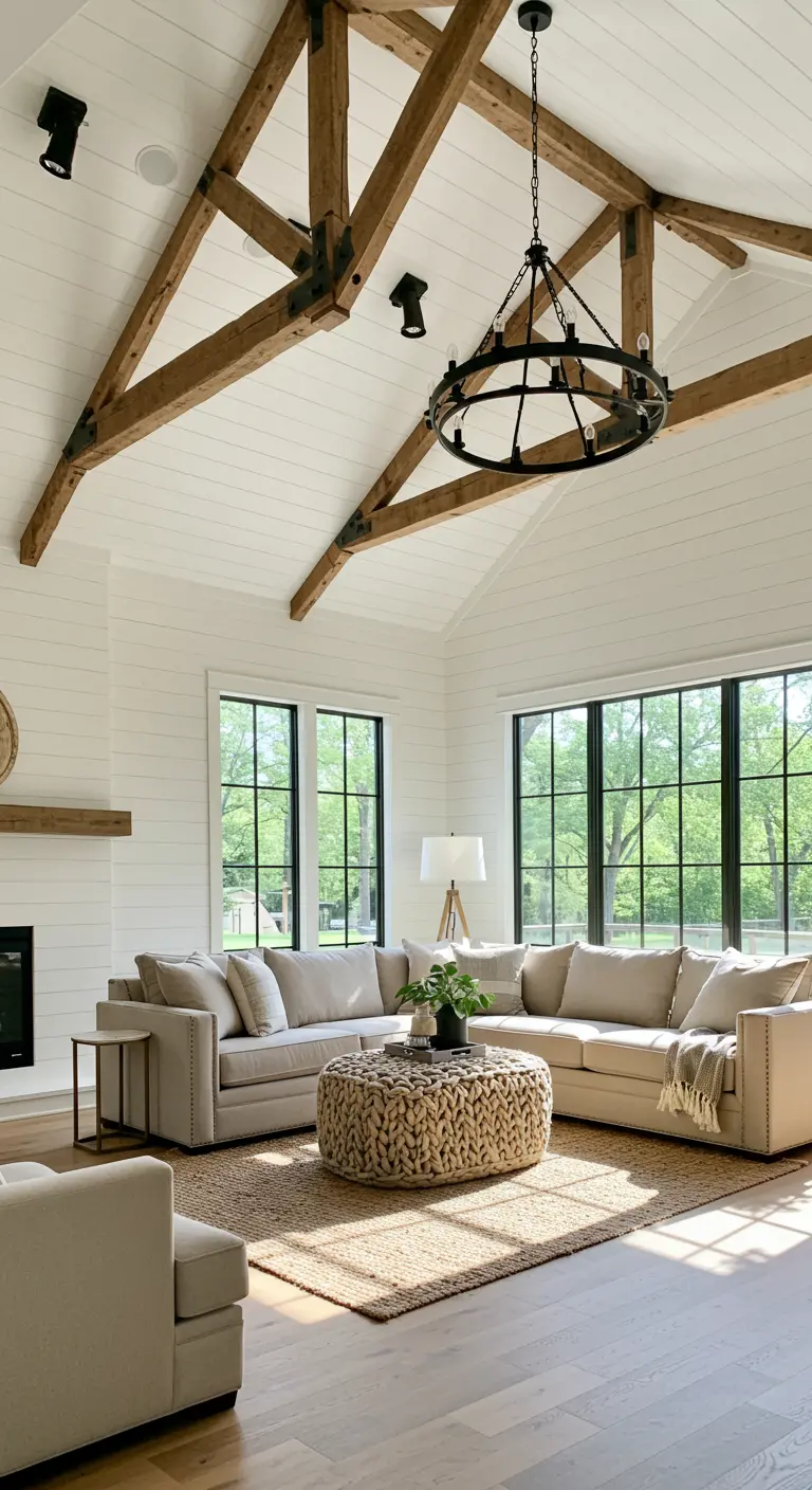 Living room with vaulted shiplap ceiling, exposed wood beams, and a large sectional sofa.