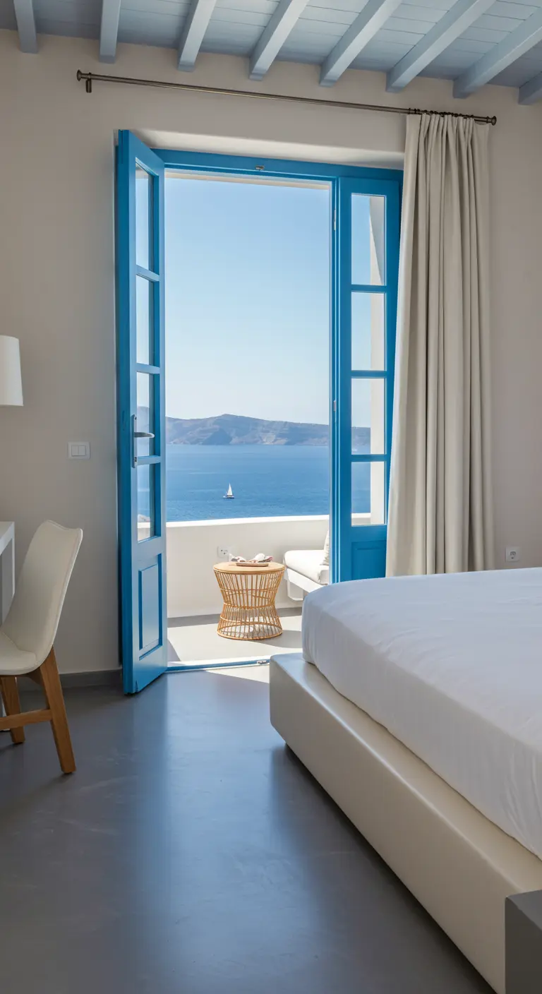 Bedroom with blue French doors opening to a balcony with an ocean view.