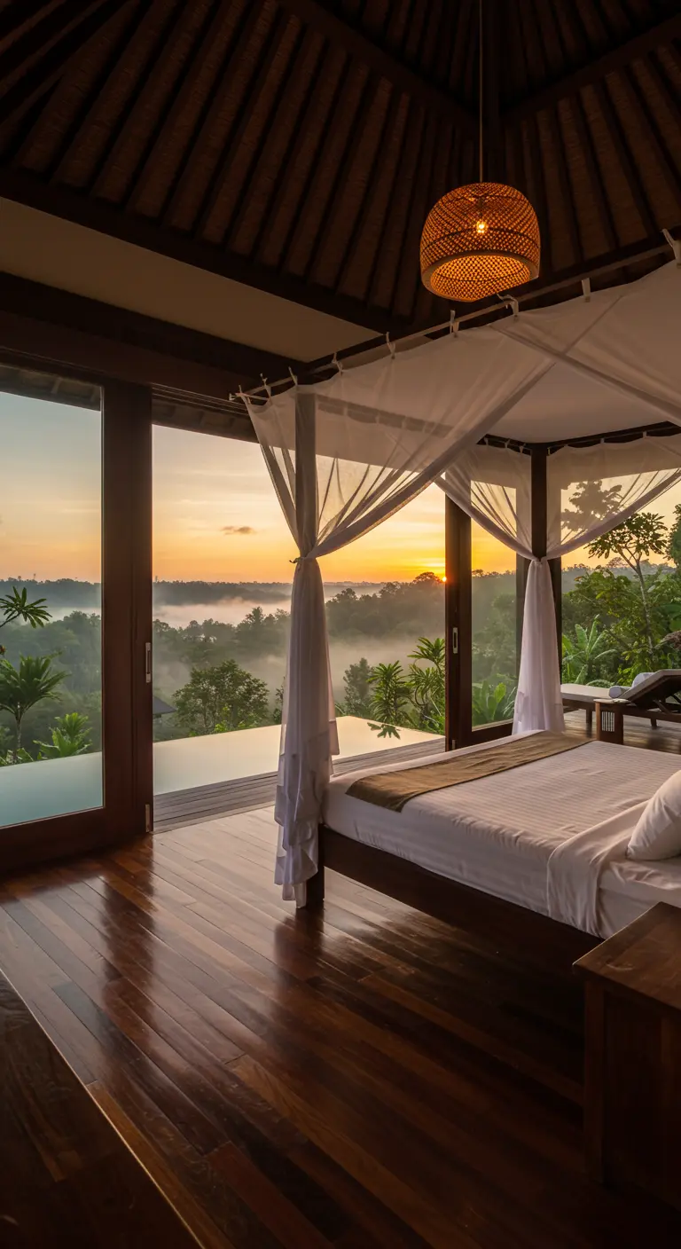 Canopy bed in a dark wood room overlooking a misty sunrise.