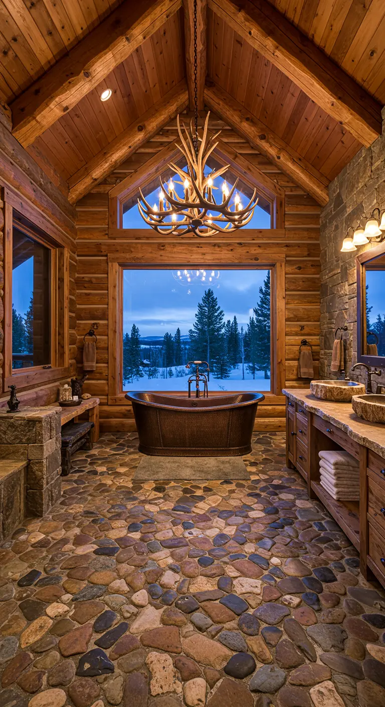 Log cabin bathroom with a large window, antler chandelier, and hammered copper tub on a river rock floor.