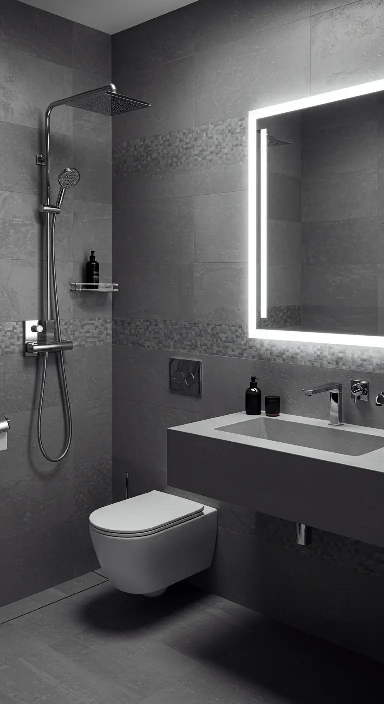 Modern grey bathroom featuring a large mirror with integrated vertical LED lights.