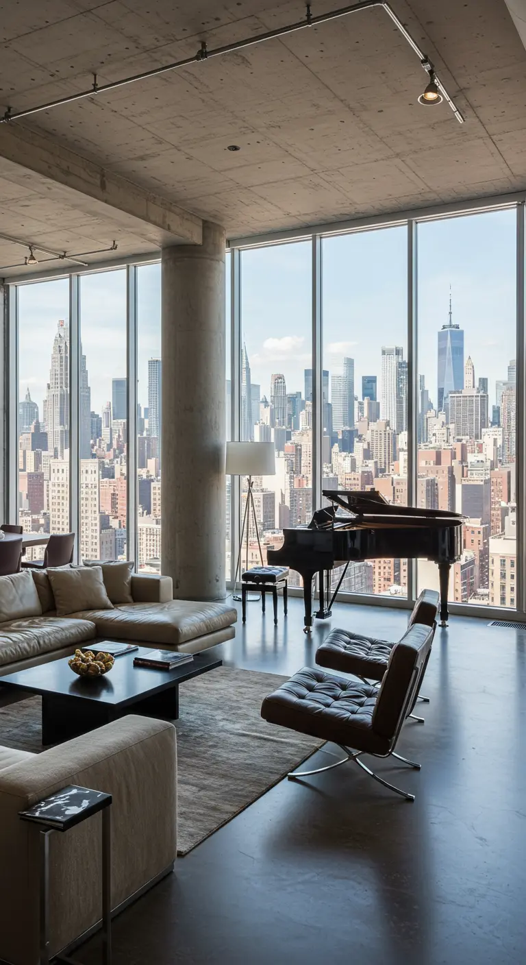Loft with low-profile leather seating and a grand piano oriented toward floor-to-ceiling windows.