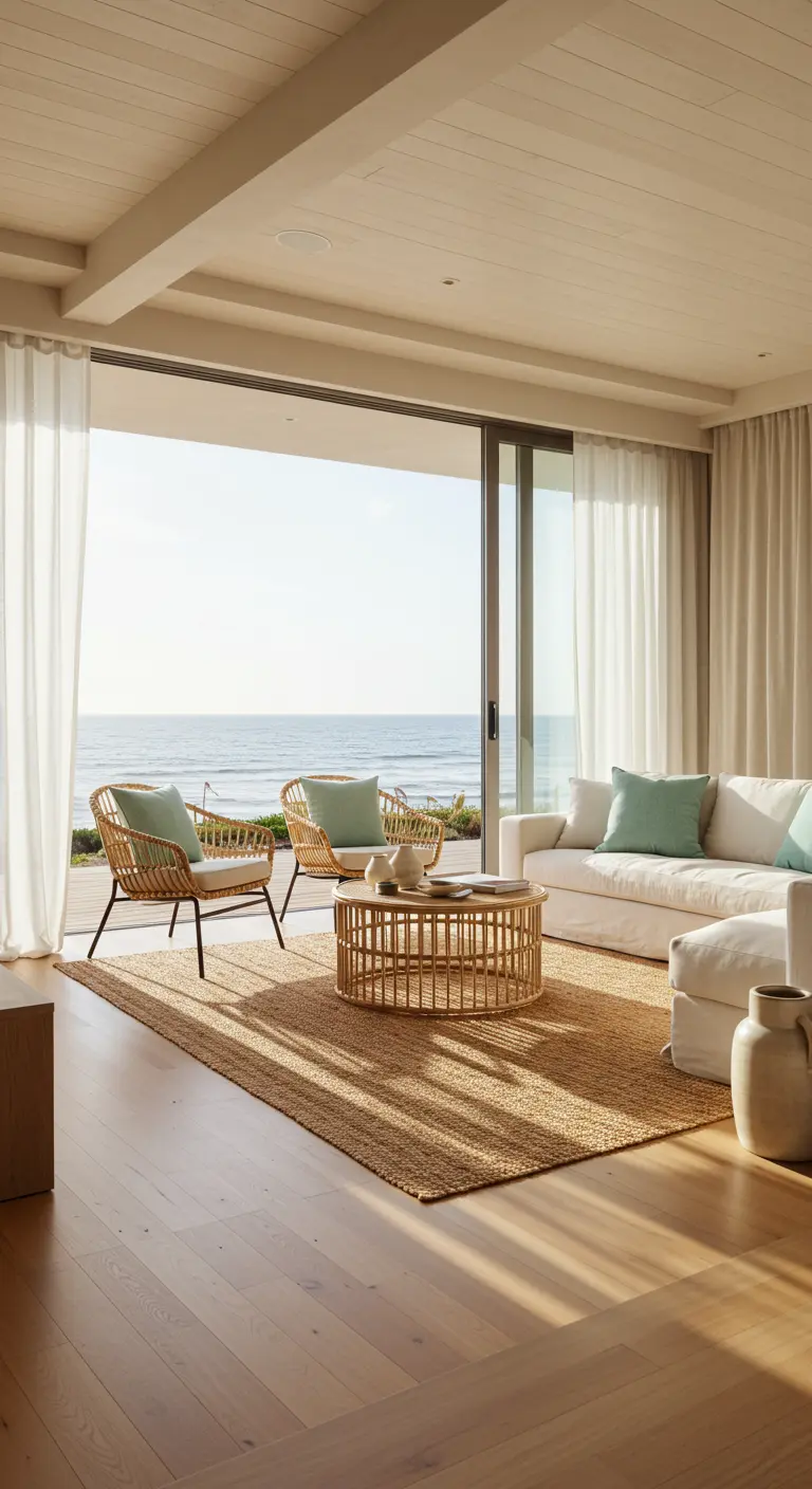 Living room with rattan chairs and white sofa facing an ocean view through sliding glass doors.