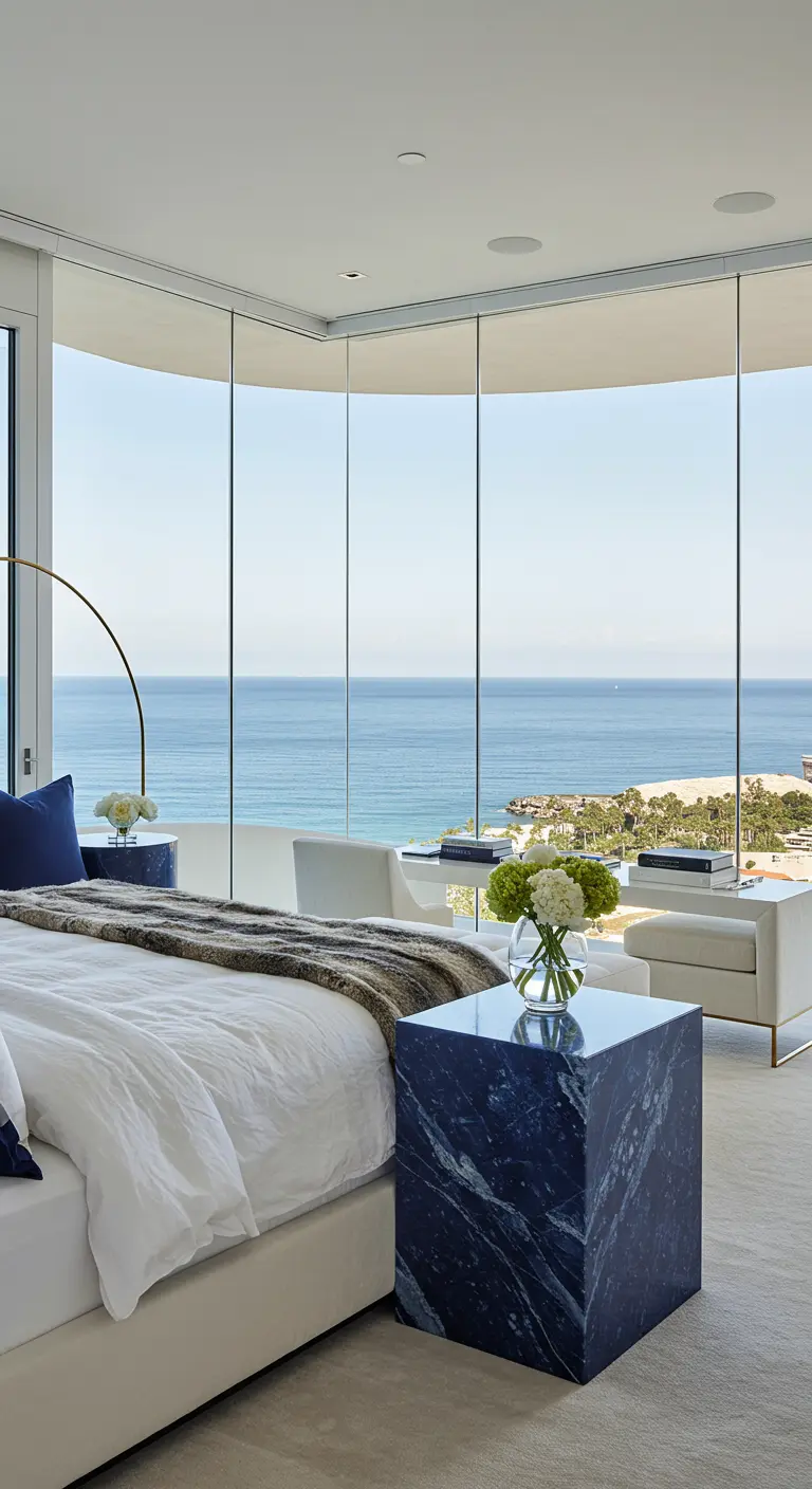 Bedroom with an ocean view and dark blue marble cube nightstands.