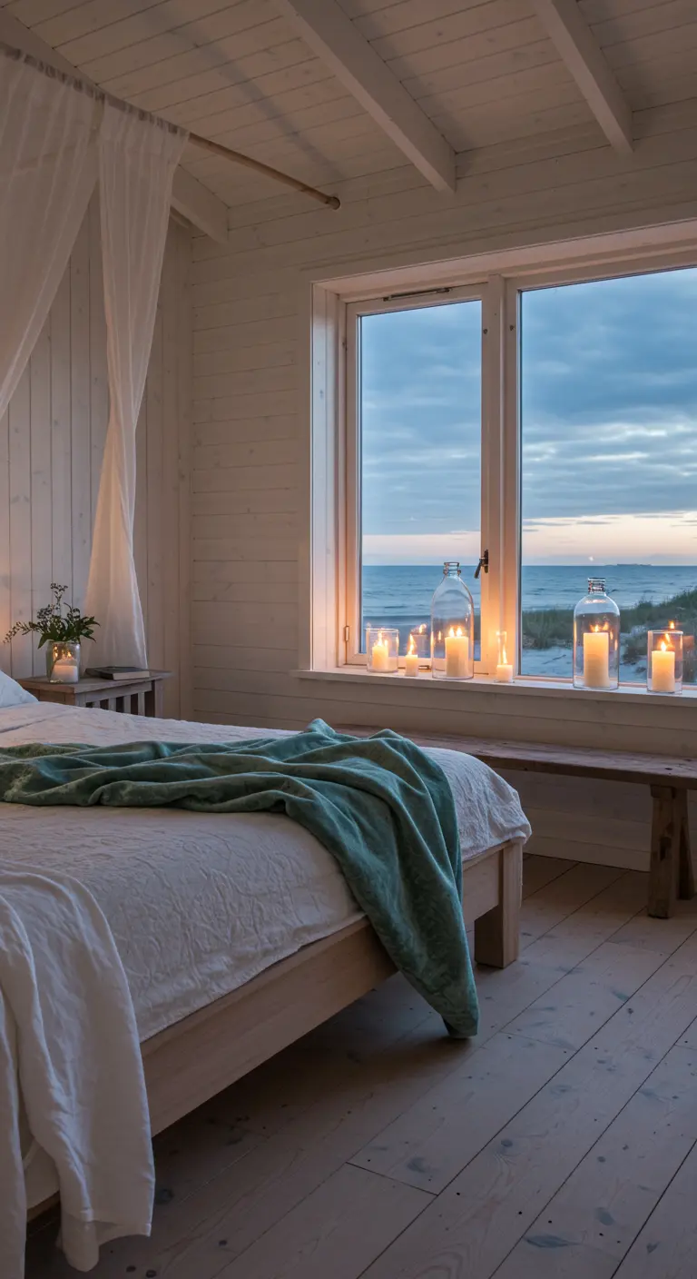 Coastal bedroom with a large window, teal throw, and candles on the windowsill.