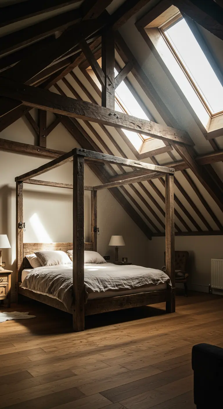 A reclaimed timber four-poster bed in an attic room with dramatic exposed wood beams.