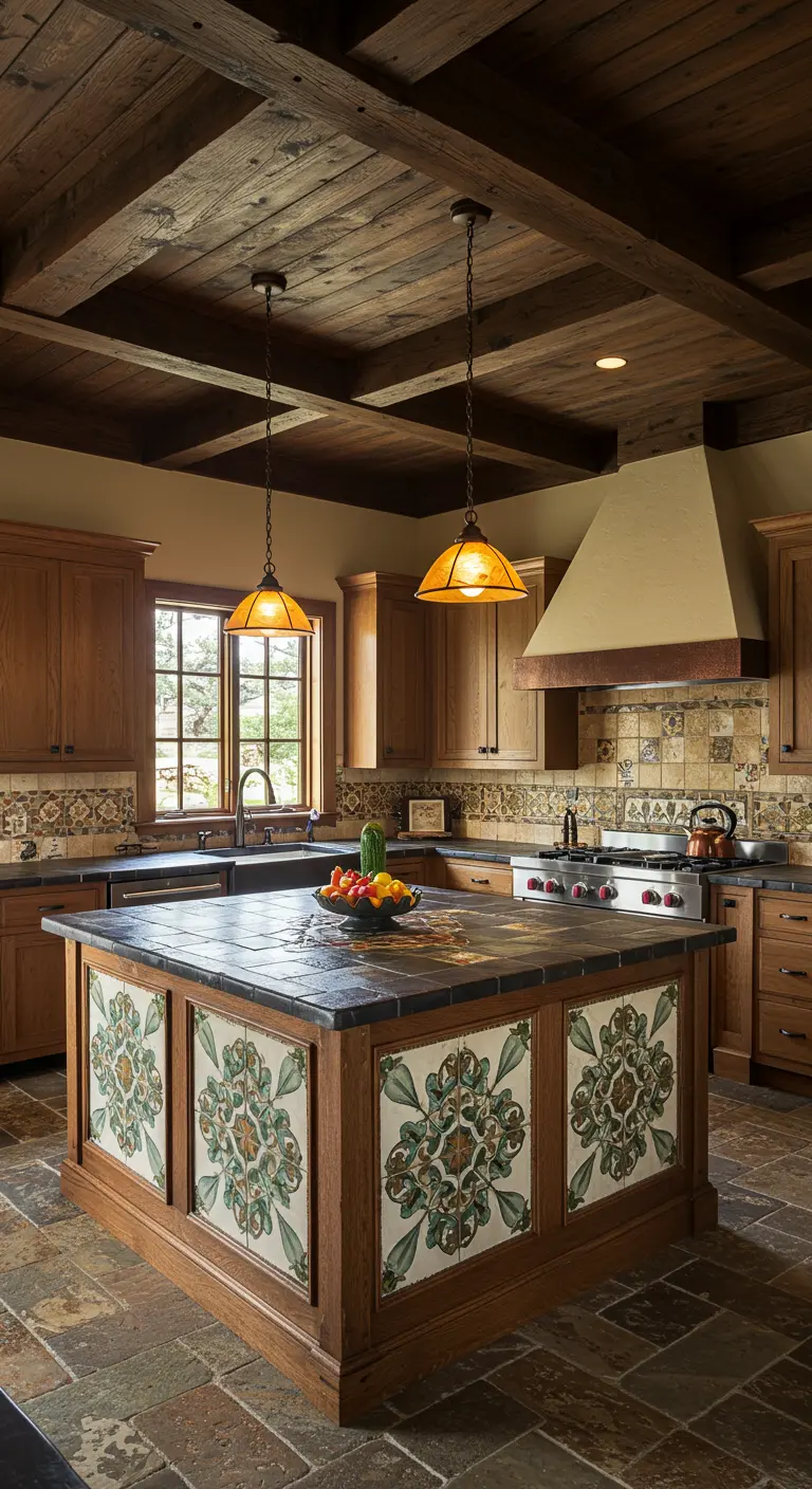 A large wood kitchen island with framed sections of green and cream patterned tiles.