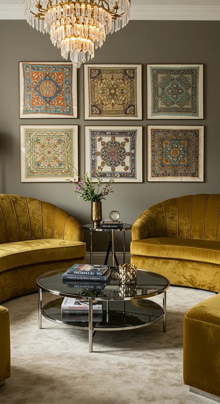 A living room with mustard velvet seating and a gallery wall of six framed vintage textiles.