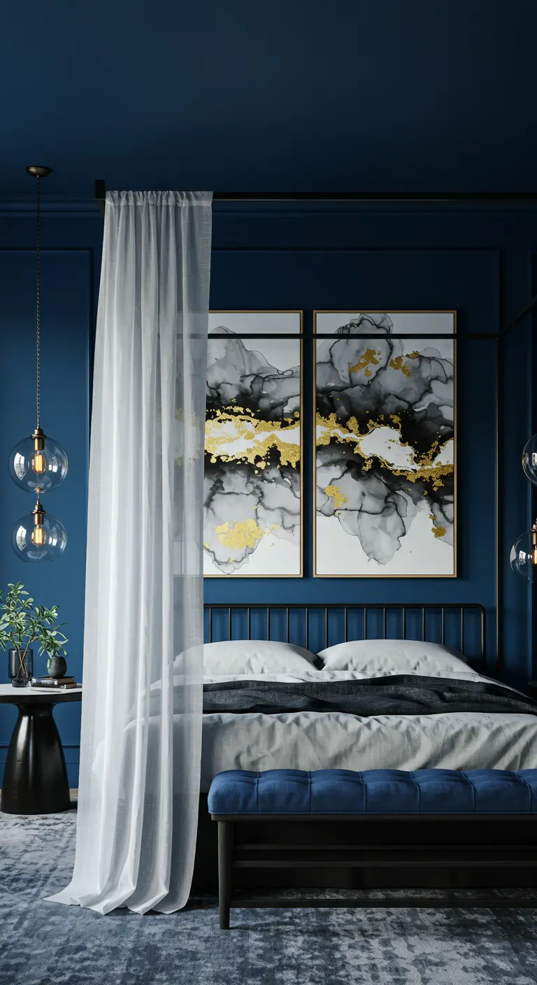 Moody blue bedroom with a canopy bed, abstract art, and a sheer white curtain.