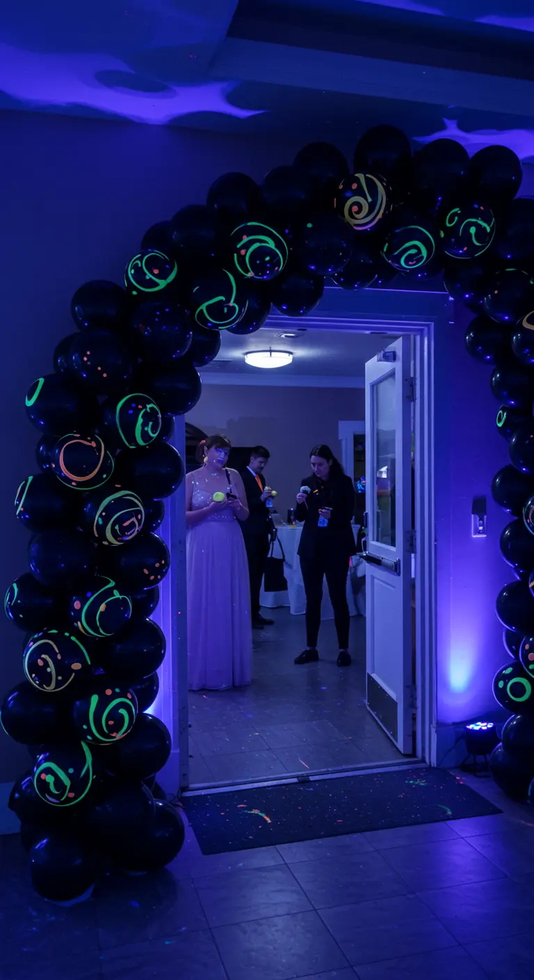 A party entrance framed by a black balloon arch decorated with neon glow paint.
