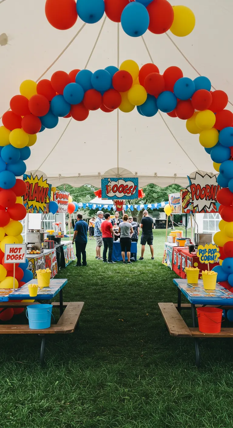 Outdoor comic book party with a red, yellow, and blue balloon arch.
