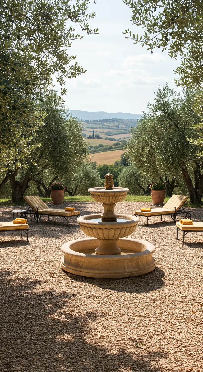 A tiered fountain and loungers overlooking a scenic view of rolling Tuscan hills.