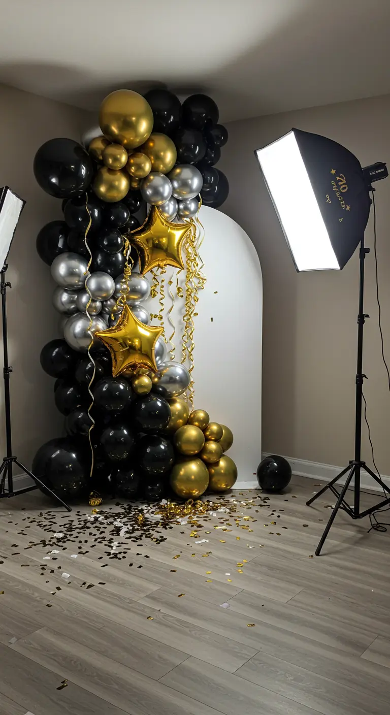 A dramatic balloon arch in black, gold, and silver, framing a white backdrop.