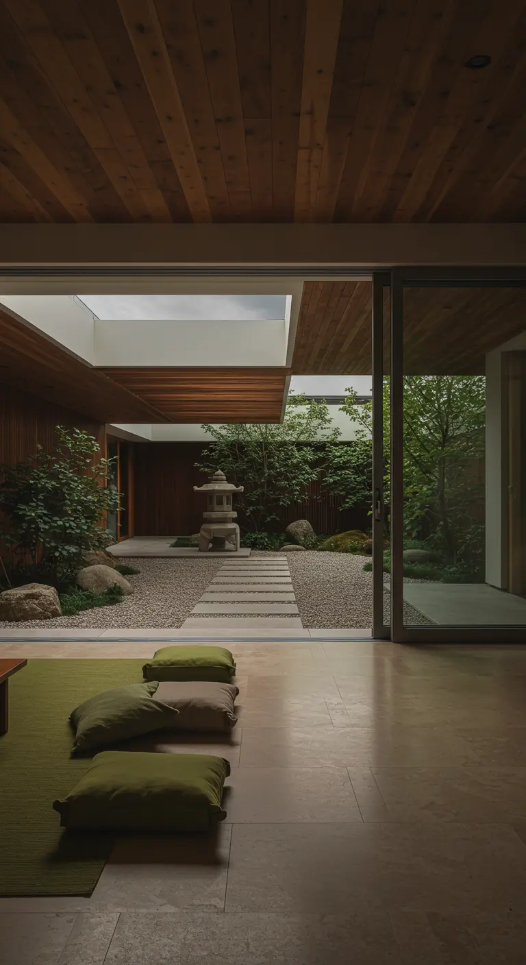A living room with floor cushions looking out through an open sliding door to a Zen garden.