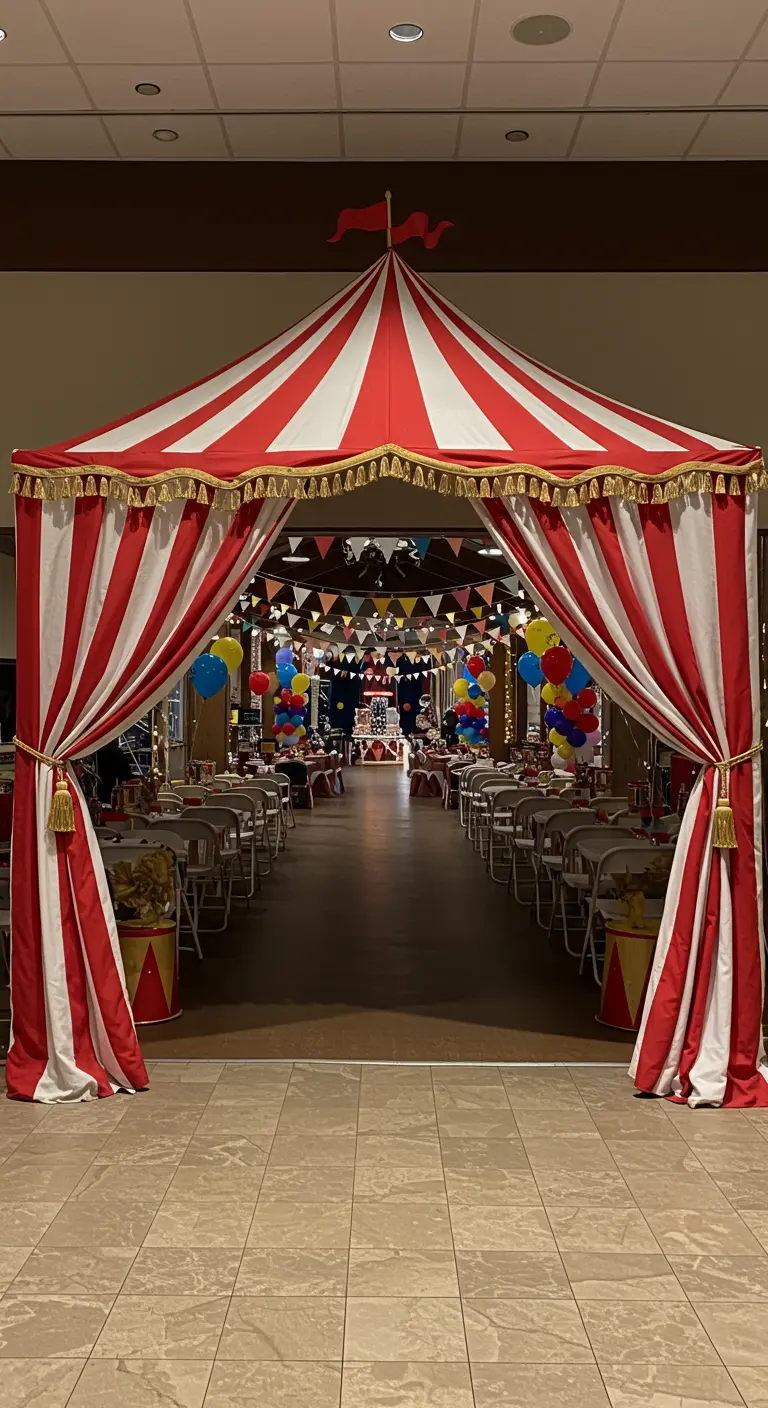 A red-and-white striped circus tent entrance with gold tassels.
