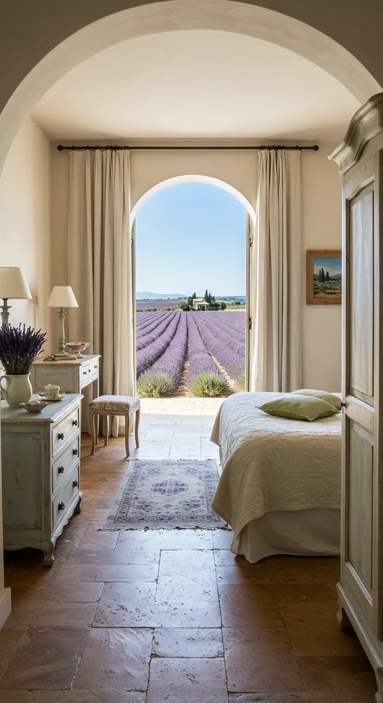 Bedroom with an arched doorway framing a view of lavender fields in Provence.