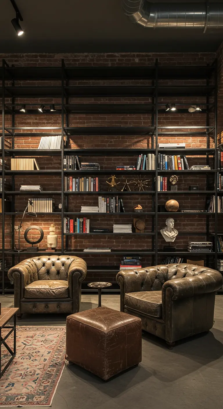 A home library with tall black metal shelves filled with books against an exposed brick wall.