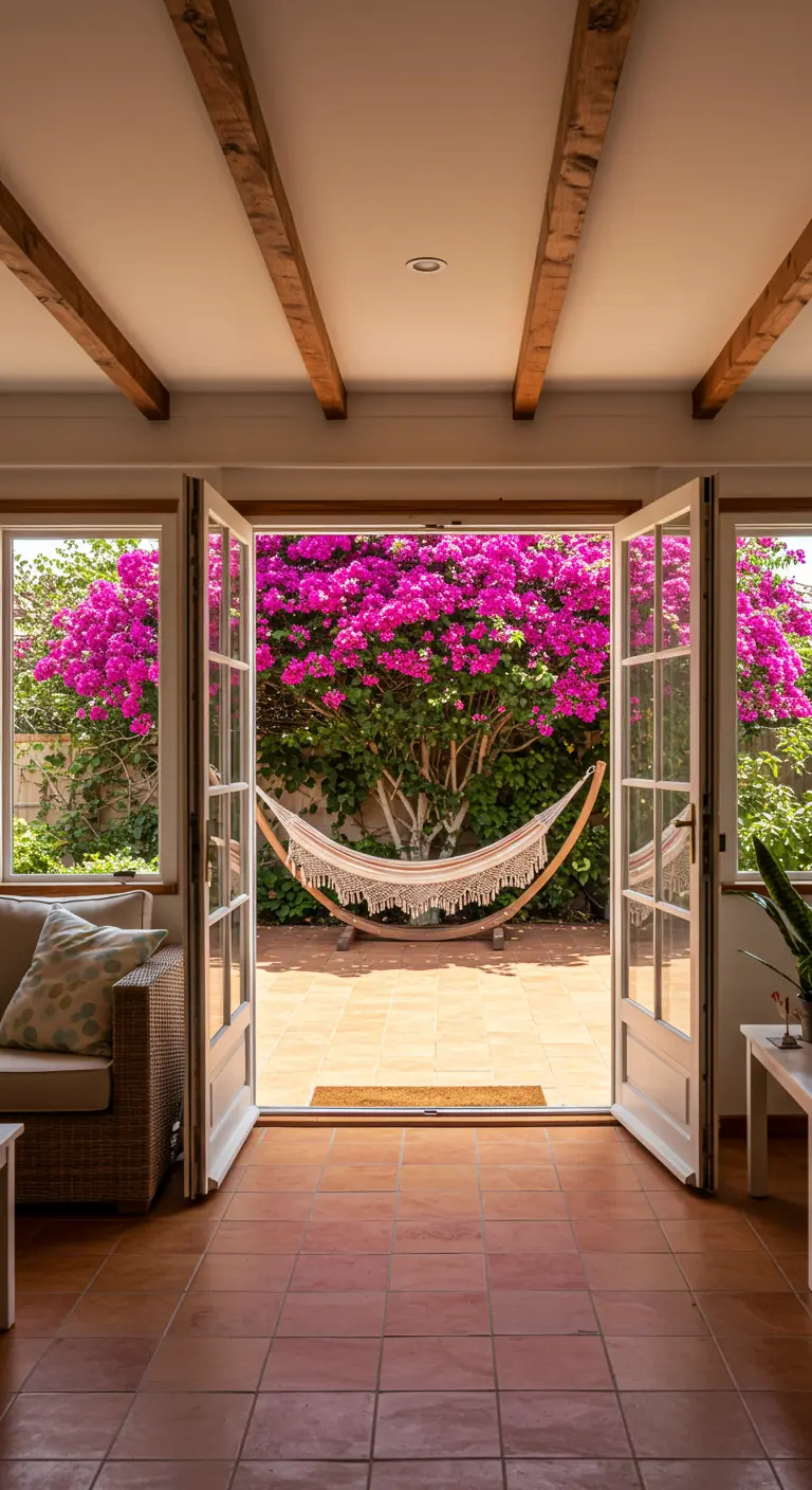 View from a living room through open doors to a patio with a hammock under a bougainvillea.