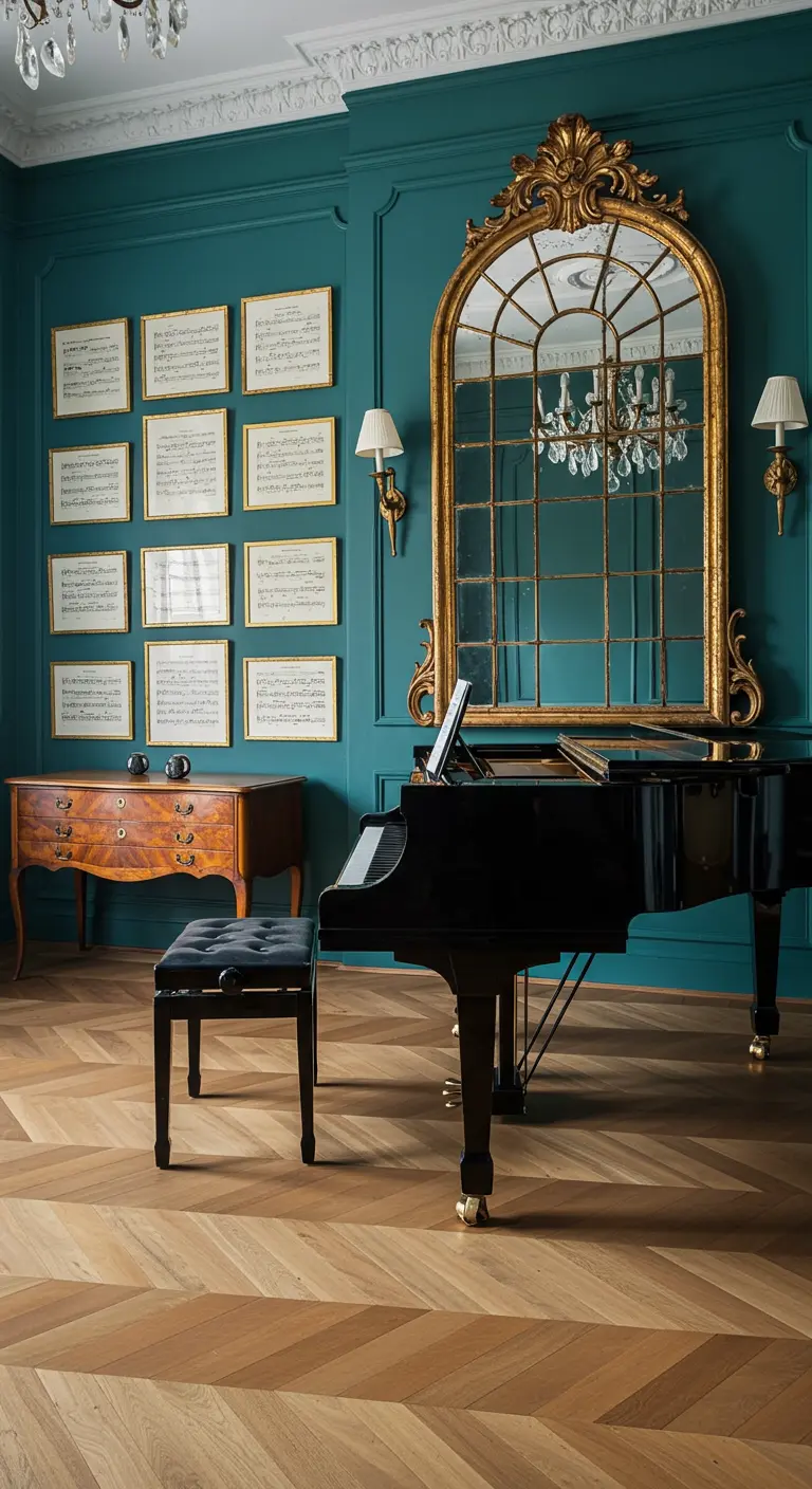 Teal music room with a grand piano, gallery wall of sheet music, and arched gold mirror.