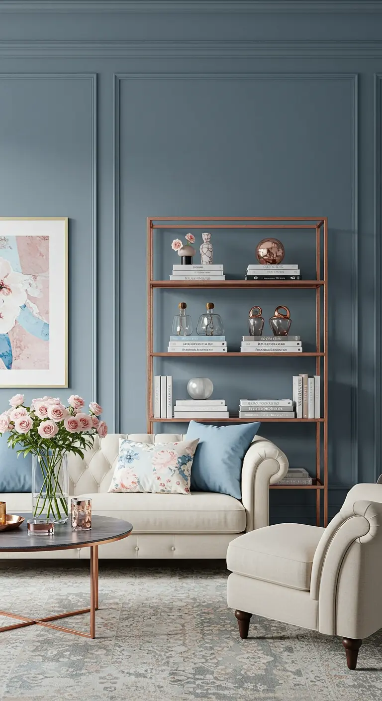 Cream Chesterfield sofa in front of a tall, rose gold open shelving unit.