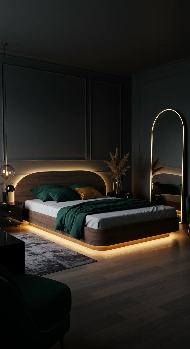 Dark bedroom with a floating wood bed and mirror, both backlit with warm LEDs.