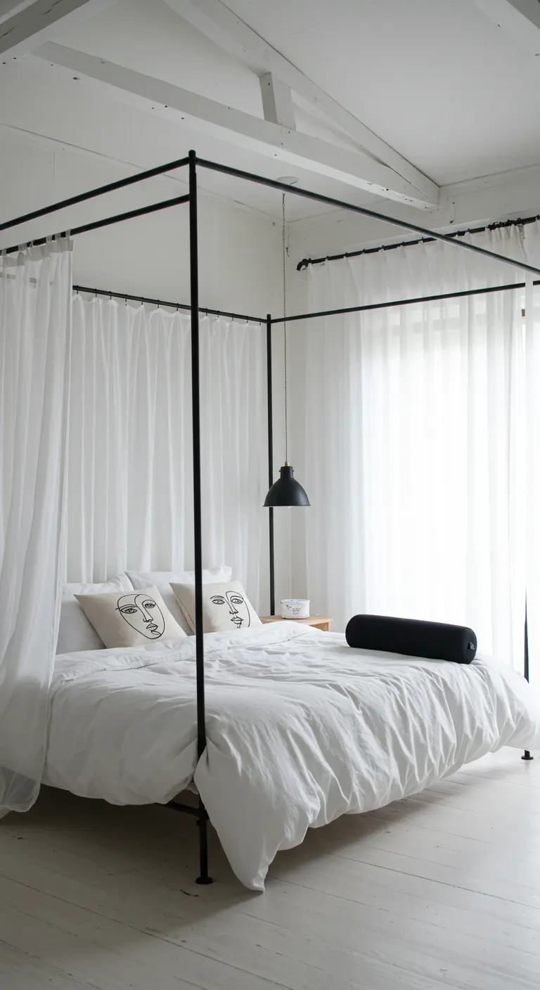 A black four-poster bed draped with sheer white curtains in an all-white room.