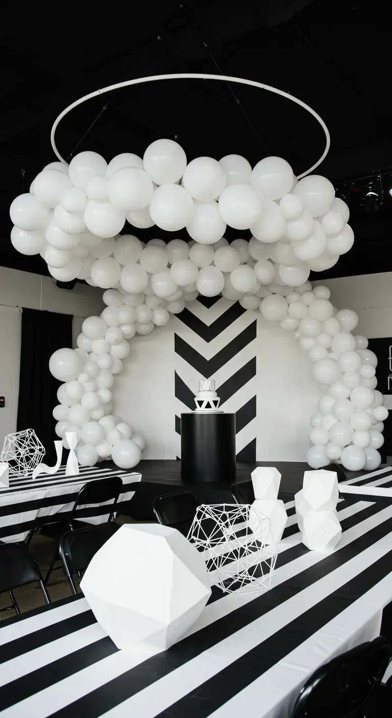 A party with a floating balloon cloud in a white hoop, over tables with black and white graphic decor.